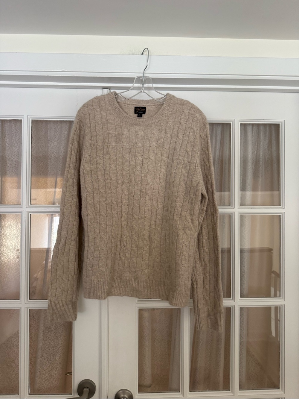 Men’s Beige 100% Cashmere Cable Knit Crewneck Sweater
